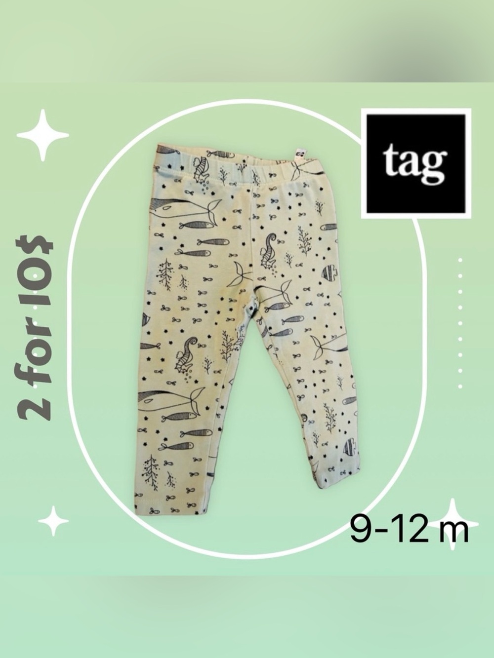 🌈 2/10$ 🇨🇦👍GUC TAG |9 m| Unisex Baby Blue Leggings blue with fish print
